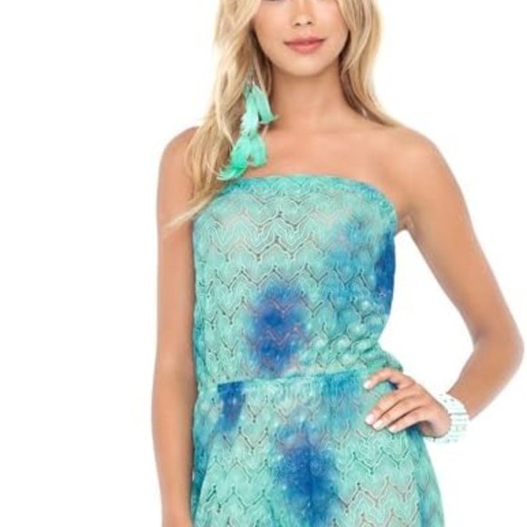LULI FAMA SIETE MARES Crochet Strapless Jumpsuit Cover Up Size L Blue Multi NEW - Picture 3 of 11